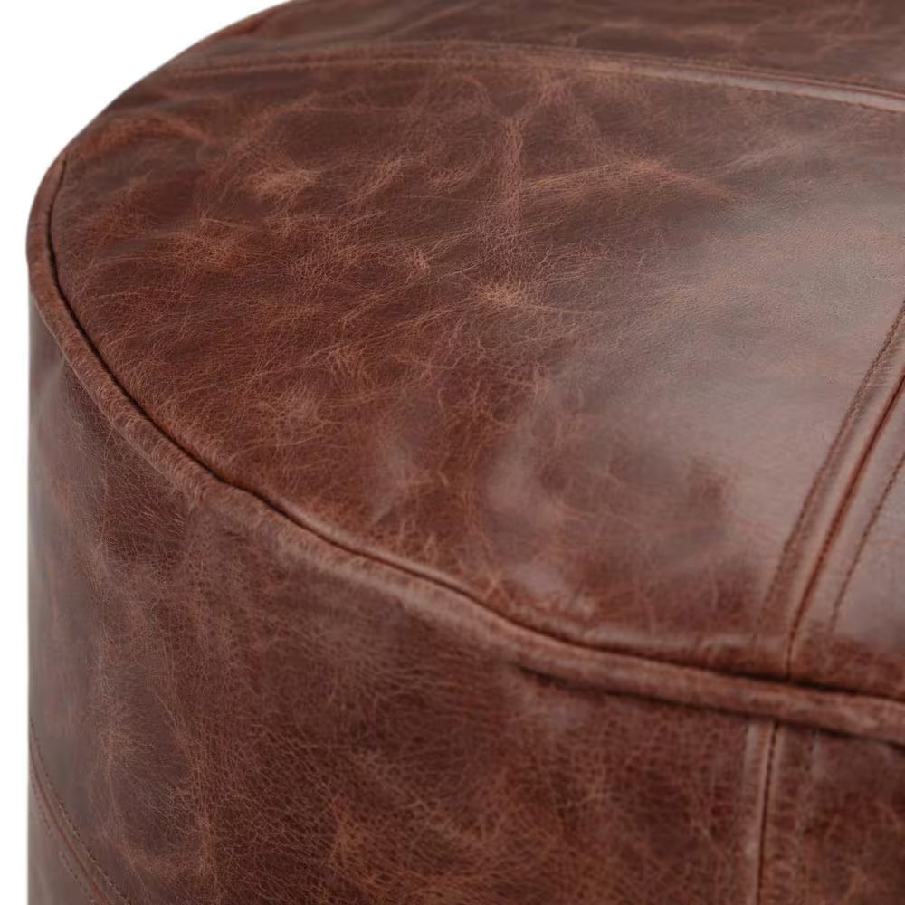 Connor Boho round Pouf in Distressed Brown Genuine Leather