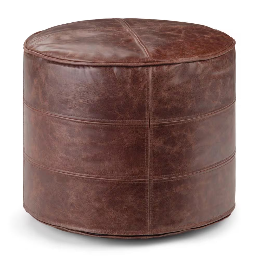 Connor Boho round Pouf in Distressed Brown Genuine Leather