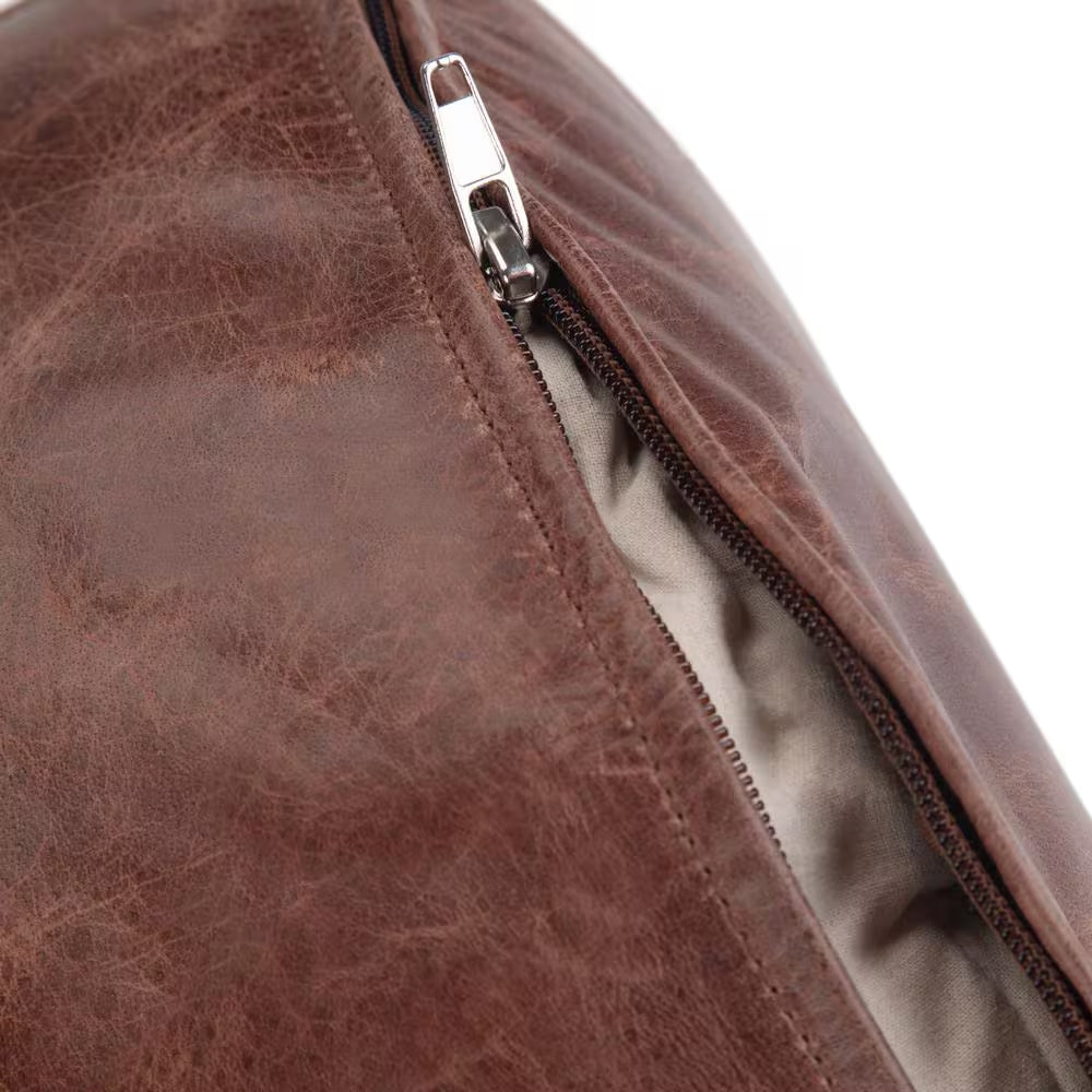Connor Boho round Pouf in Distressed Brown Genuine Leather
